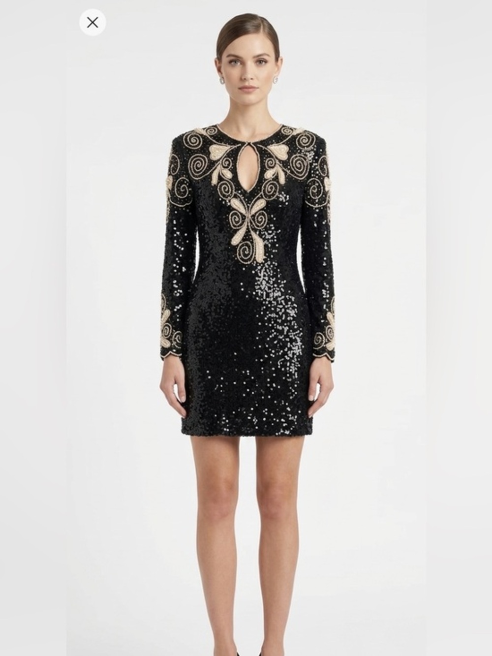 Vintage 90s Silk Beaded Sequin Cocktail Mini Dress Black Keyhole Sleeve Party L